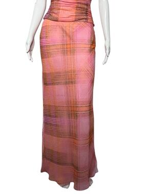NWT Mango MNG Orange Pink Chiffon Plaid Elastic Waist Maxi Skirt Size XS